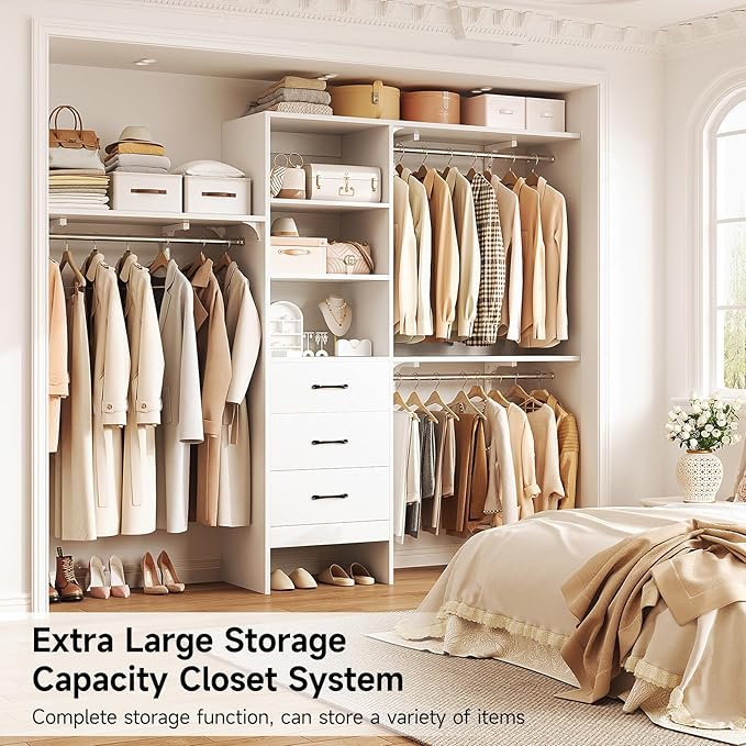 8FT Closet System, 96'' Closet Organizer System with 3 Hanging Rods, Wall Mount Bedroom Wardrobe with 3 Drawers Walk-in Closet, Adjustable Cloth Garment Rack from 5 to 8FT (Cut to Fit), White