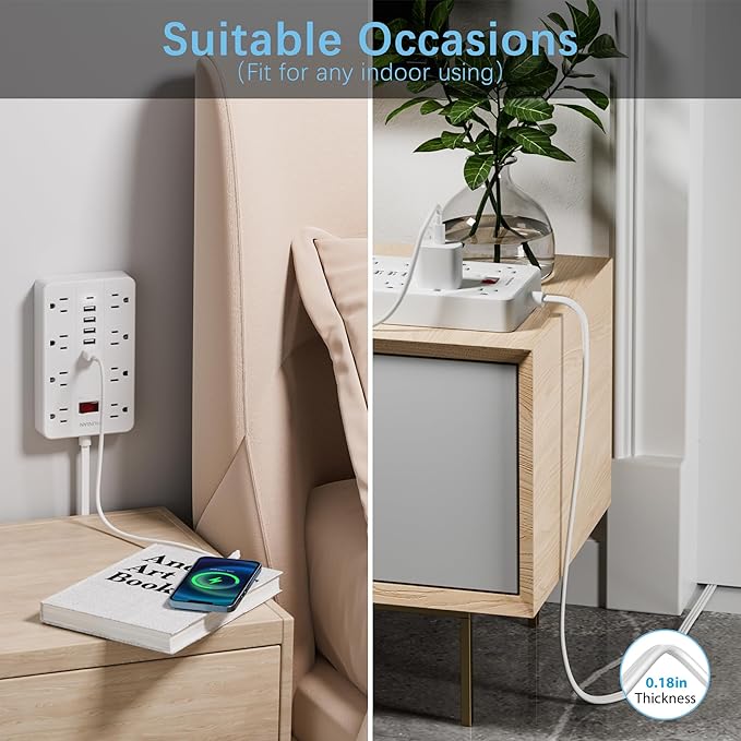 Extension Cord Power Strip Surge Protector 15 Ft, HUNIAN Flat Plug with 8 Widely Spaced Outlets 6 USB (1 USB C Port), Wall Mount Charging Station for Home and Office