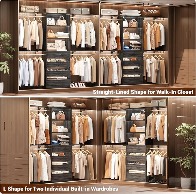 Aheaplus Closet System with Drawers Set of 2, Wood Closet Organizer System with 8 Hanging Rods & Top Shelves, Walk-in Closets Organizer Wardrobe Clothes Rack, Cut Fits Spaces 4-9FT. Wide, Black Oak
