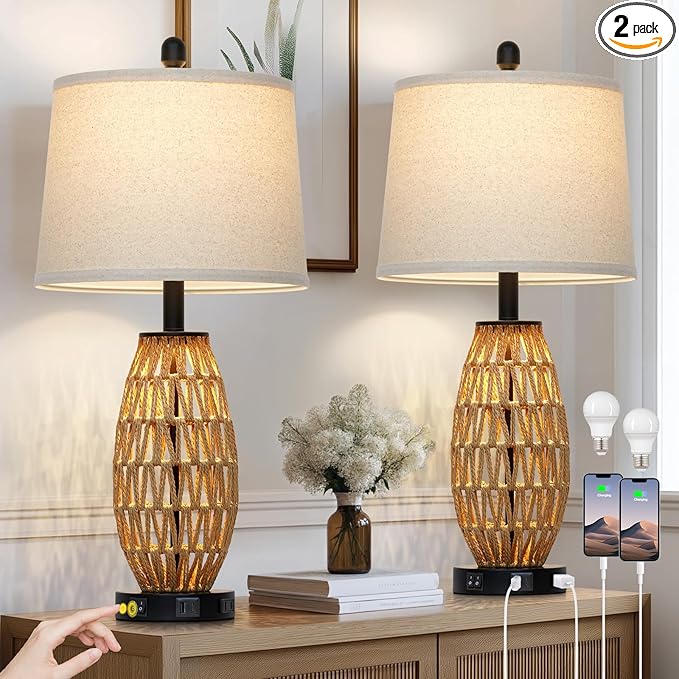 27" Rattan Table Lamps Set of 2, Boho Bedside Lamp for Bedroom with Night Light, Coastal Woven Wicker Nightstand Lamps with USB A+C Charging Port & AC Outlet, Tall Farmhouse Living Room Lamp