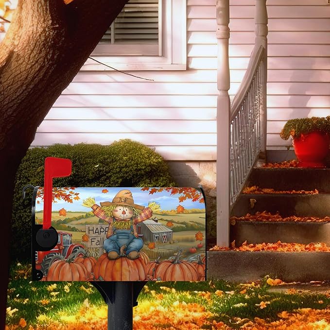 Fall Scarecrow Decorative Mailbox Covers Magnetic Standard Size 21x18 Autumn Pumpkins Maple Leaves Mailbox Wraps Cover Harvest Fall Letterbox Cover for Garden Yard Outdoor Decor