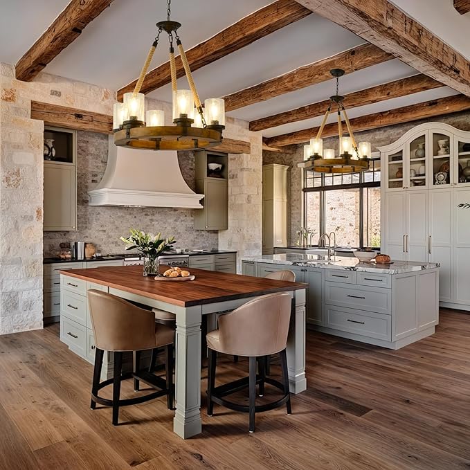 Rustic 6 Light Wagon Wheel Chandelier, Round Wood Pendant Light with Seeded Glass Shade, Farmhouse Chandeliers for Dining Room Kitchen Island Foyer Entryway