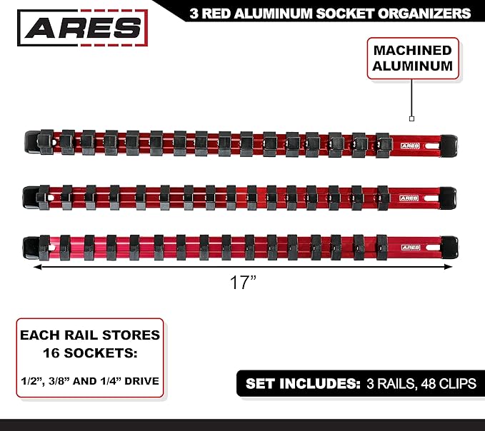 ARES 70204-3-Piece Aluminum Socket Organizer - 1/4-Inch, 3/8-Inch, and 1/2-Inch Drive Socket Rails Hold 48 Sockets and Keep Your Tool Box Organized