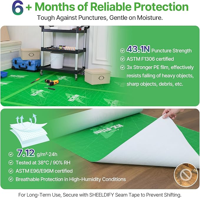 39"x200' Heavy-Duty Floor Protection | Construction Grade Carpet Protector | Drop Cloth Plastic Film for Hardwood Floors | Waterproof Painters Covering with No Residue(Mint Green)