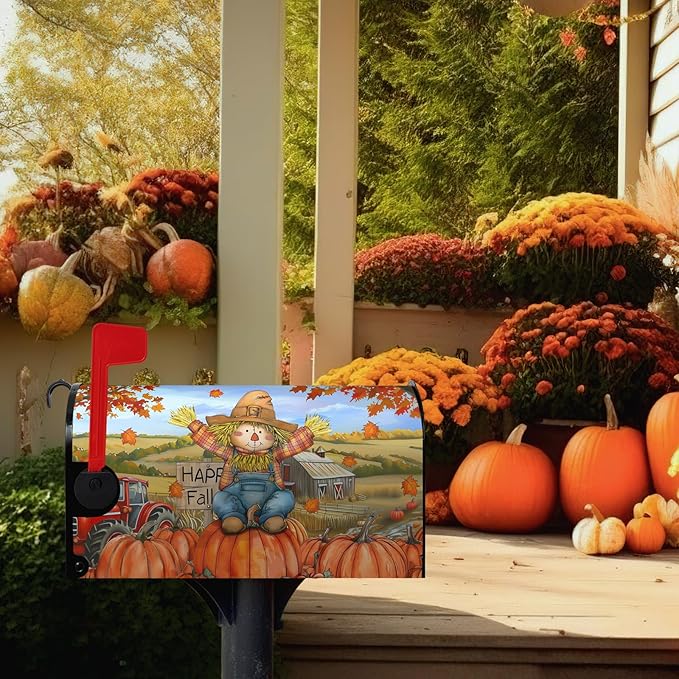 Fall Scarecrow Decorative Mailbox Covers Magnetic Large Size 25.5x21 Autumn Pumpkins Maple Leaves Mailbox Wraps Cover Harvest Letterbox Cover for Garden Outdoor Decor