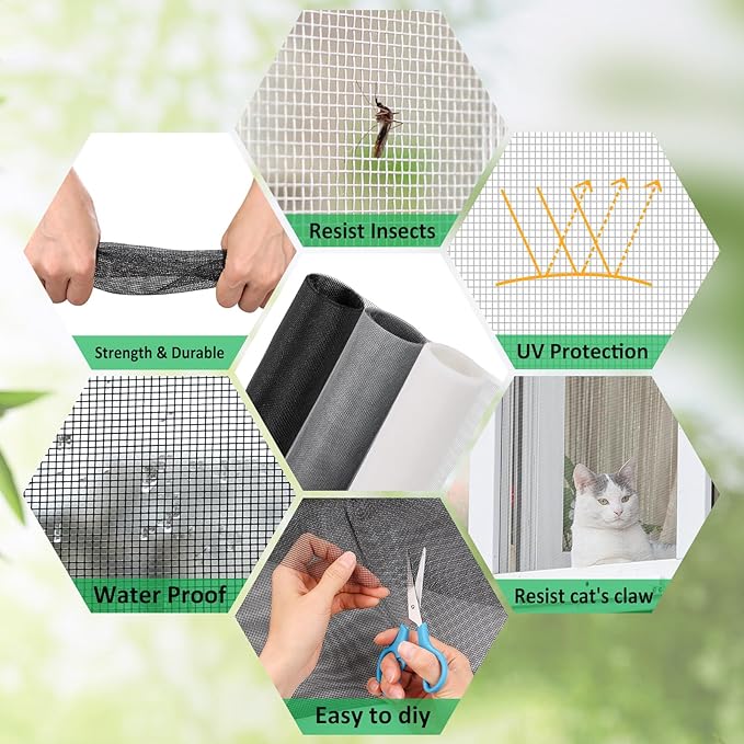 Windows Screen Replacement and Screen Door Repair Kit, 6Pcs Window Screen Fiberglass Mesh Kit - Window Screen & Screen Door Mesh & Screen Porch Repair Kit (Black, 59" x 106")