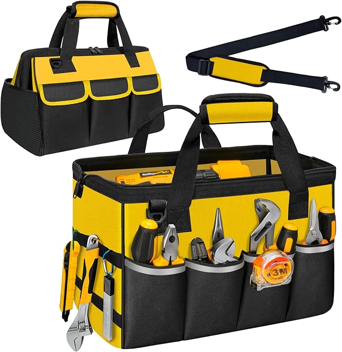 Tool Bag, Portable Tool Box Organizer Adjustable Shoulder Strap, Carry Tool Tote Heavy Duty Tool Storage Bag With Wide Mouth,Tool Bags for Men Mechanic EngineerGift - L, Yellow & Black