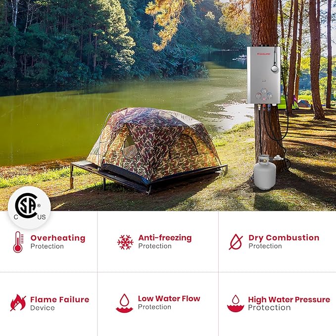 GASLAND 2.64GPM Tankless Water Heater Propane 10L, Outdoor Propane Camping Hot Water Heater, Overheating Protection, Easy to Install, Use for RV Cabin Barn Camping Boat, Silver, BE264S