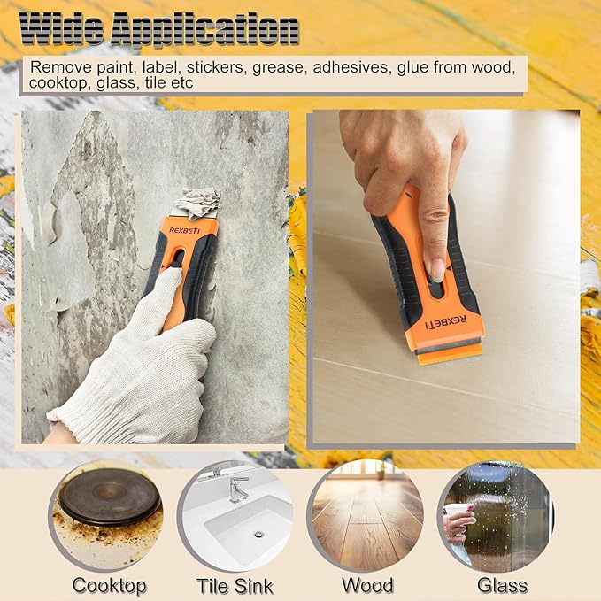 REXBETI Razor Blade Scraper Tool, 2 Pack Razor Scraper Set with Extra 80Pcs Razor Blades -30Pcs Metal and 50Pcs Plastic Blades, Cleaning Scraper Tool, Cooktop, Paint, Glass Scraper