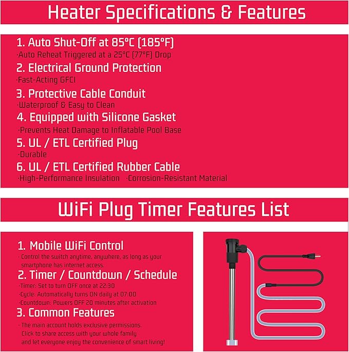 2000W Immersion Water Heater for Pool & Hot Tub – Portable Electric Submersible Heater with Temp Control, Auto Shut-Off, and WiFi Timer for Above Ground Pool, Bathtub, and baptismal pool