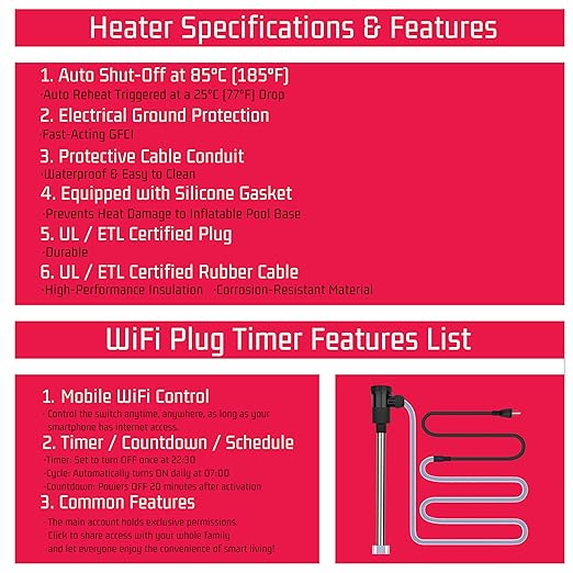 240V 3500W Immersion Water Heater for Pool & Hot Tub – Portable Electric Submersible Heater with Temp Control, Auto Shut-Off and WiFi Timer for Baptistry, Above Ground Pool and Bathtub