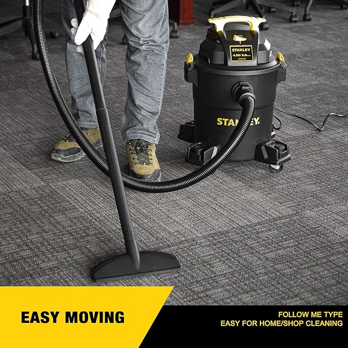 STANLEY 6 Gallon Wet Dry Vacuum, 4 Peak HP Poly 3 in 1 Shop Vac Blower with Powerful Suction, Multifunctional Shop Vacuum W/ 4 Horsepower Motor for Job Site,Garage,Basement,Workshop SL18116P