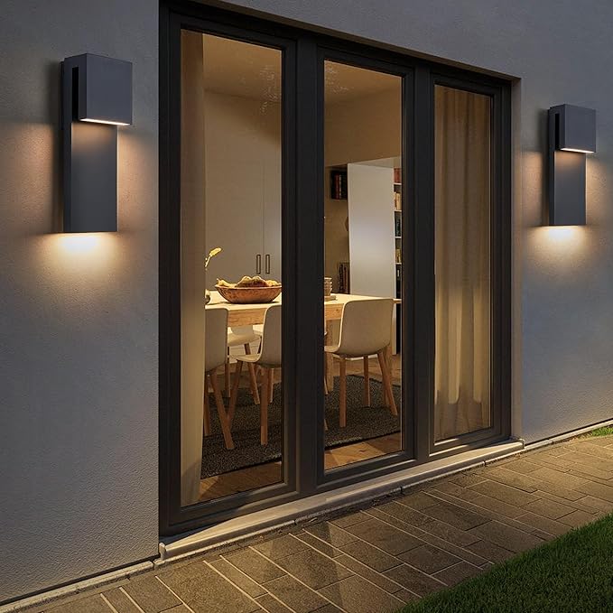 Dusk to Dawn Outdoor Lighting Fixture Wall Mount,Modern Integrated LED 2-Light 17W, Exterior Sensor Front Porch Light,Textured Black,Anti Rust Outside Wall Lights for House,Doorway,Garage