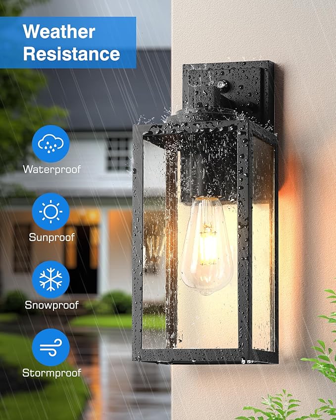VIANIS 14.5" Large Dusk to Dawn Outdoor Lighting, Black Modern Exterior Lighting Fixtures with Tempered Glass, Anti-Rust Porch Lights Outdoor for House, Outdoor Wall Lights, 2-Pack (Hardwired 120VAC)