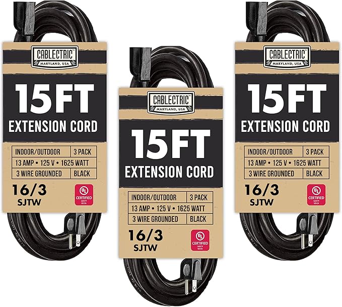 3 Pack of Black Extension Cord 15 ft, 16 Gauge Outdoor Extension Cord with 3 Prong, 16/3 SJTW Weatherproof 15ft Extension Cord for Indoor, Outdoor, Lawn Mower, Landscaping, Home, Office