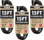 3 Pack of Black Extension Cord 15 ft, 16 Gauge Outdoor Extension Cord with 3 Prong, 16/3 SJTW Weatherproof 15ft Extension Cord for Indoor, Outdoor, Lawn Mower, Landscaping, Home, Office