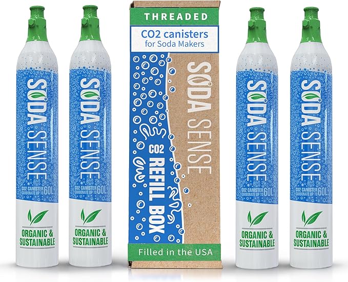 Soda Sense 60L CO2 Exchange Canister - 4 Pack, Threaded Style - Compatible with All 'Screw-In' Soda/Sparkling Water Makers, Including SodaStream BLUE Cylinder Models, Ninja Thirsti, Philips & More