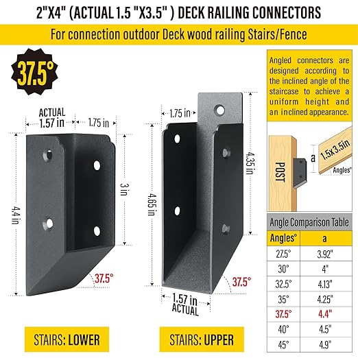 201 Stainless Steel 2" x 4" (1 ½" x 3 ½" Actual) Deck Railing 37.5°Stair Connectors, for Deck Railing Stair Handrail Connection Installation Deck Railing Bracket (4 Pair-Black)