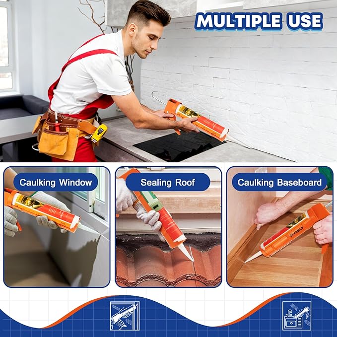 DIYSELF-Caulk-Gun-Drip-Free, Hand Caulking Tool with Smooth Rod, Caulking Gun Fits 10 oz Tube, 10:1 Thrust Ratio Silicone Gun for Bathroom, Kitchen, Windows, Door Frames, Small Repairs (Orange)