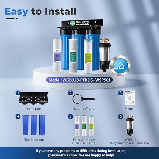 iSpring Whole House Water Filter System Ultimate PFAS Scale and Heavy Metals Protection Removes Up to 99% PFOA & PFOS with SGS-Tested Media, Jumbo Spin-Down Sediment Filter Model: WGB32B-PFKDS+WSP50J