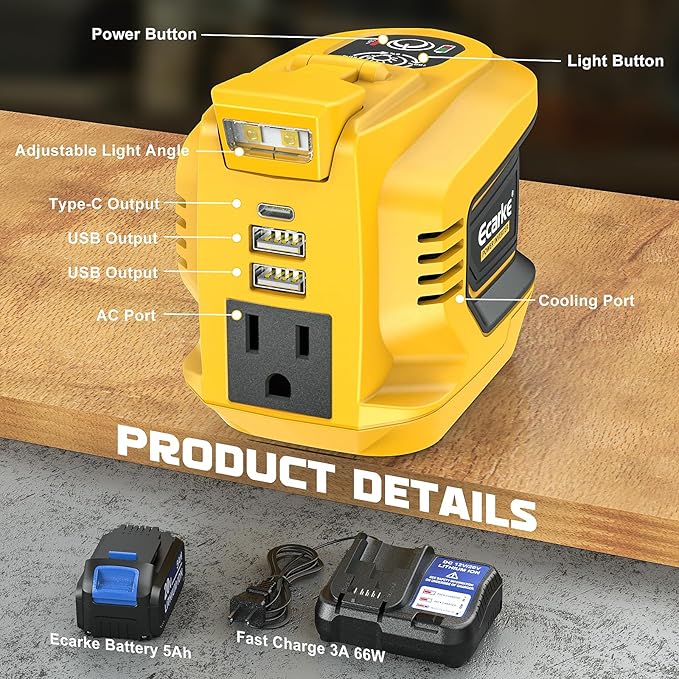 Power Inverter 200W Portable Power Station Generator Compatible with DeWALT, Ecarke Real 200W Supply Charger Adapter with Dual USB,AC Outlet and Type-C with 5Ah Battery & Charger Station Kit