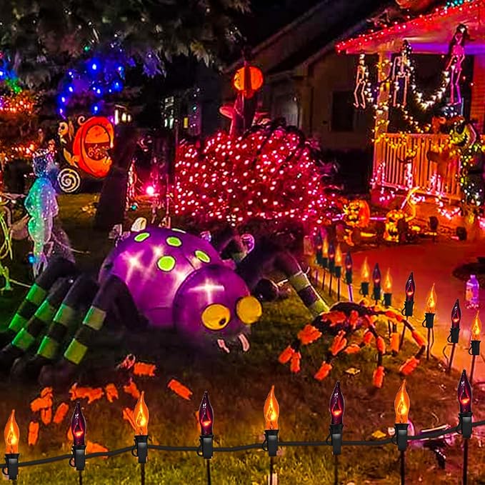 Orange and Purple Halloween Lights - Flickering Flame String Lights, 12.8Ft Indoor Outdoor Halloween Lights C7 Retro Flame String Lights, Ideal for Fall Halloweens Decorations for Home Party