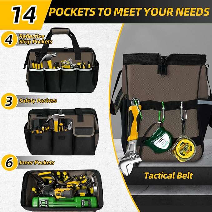 Tool Bag, Portable Tool Box Organizer Adjustable Shoulder Strap, Carry Tool Tote Heavy Duty Tool Storage Bag With Wide Mouth,Tool Bags for Men Mechanic EngineerGift - L, Coffee & Black