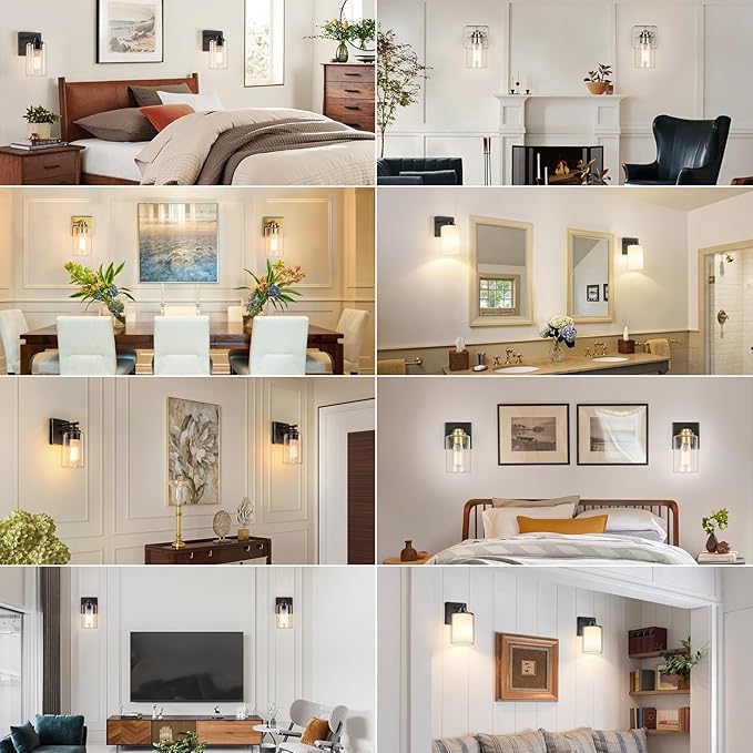 Set of 2 Wall Sconces for Bathroom, Modern Vanity Light Fixtures, Matte Black Wall Mount Lighting Lanterns, Farmhouse Wall Lights with Double Clear Glass Shade for Bedroom Living Room Mirror Hallway