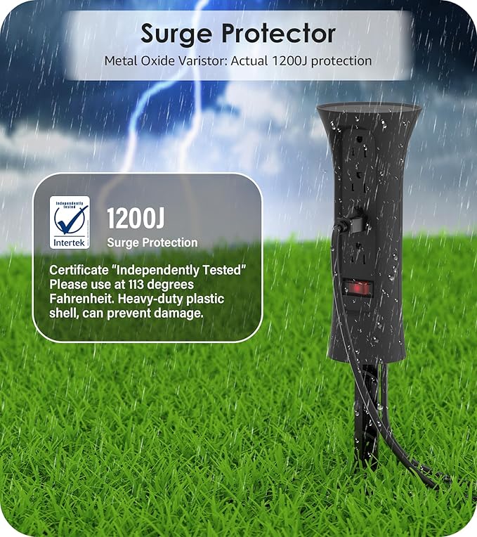 CCCEI Outdoor Power Strip Weatherproof with Stake, Waterproof Extension Cord with Multiple Outlets, Christmas Exterior Garden Decor, Yard, Camping, 4 Plugs, Surge Protector 15FT, Black.