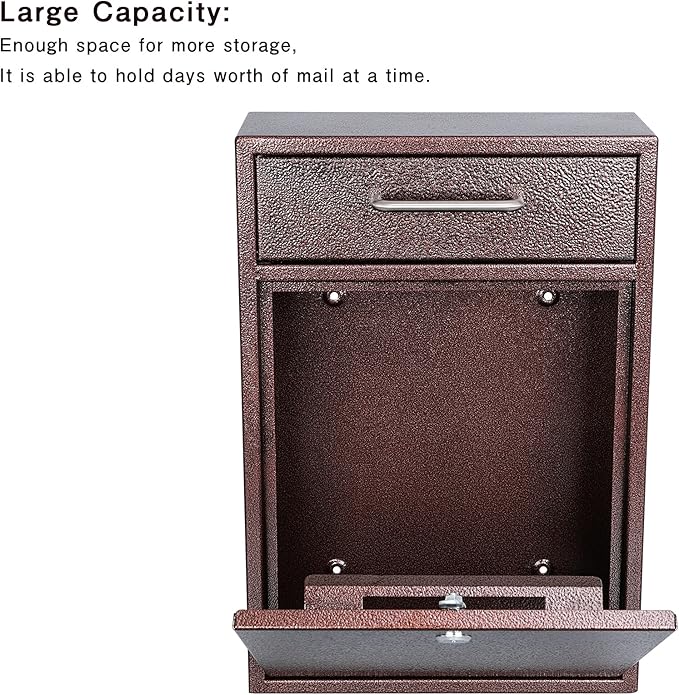 KYODOLED Steel Key Lock Mail Boxes Outdoor,Locking Wall Mount Mailbox, Security Key Drop Box, Collection Boxes,16.2Hx 11.22Lx 4.72W Inches, Bronze X Large