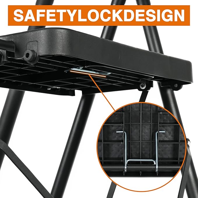 5 Step Ladder, Protable Steel Folding Stool with Wide Anti-Slip Pedal, Tool Platfor, Sturdy Steel Ladder, Black