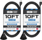 Iron Forge Cable 2 Pack 10 Ft Black Extension Cord with 3 Outlets - 16/3 SJTW 10 Foot Extension Cord 3 Prong, Weatherproof Power Cable for Outdoor