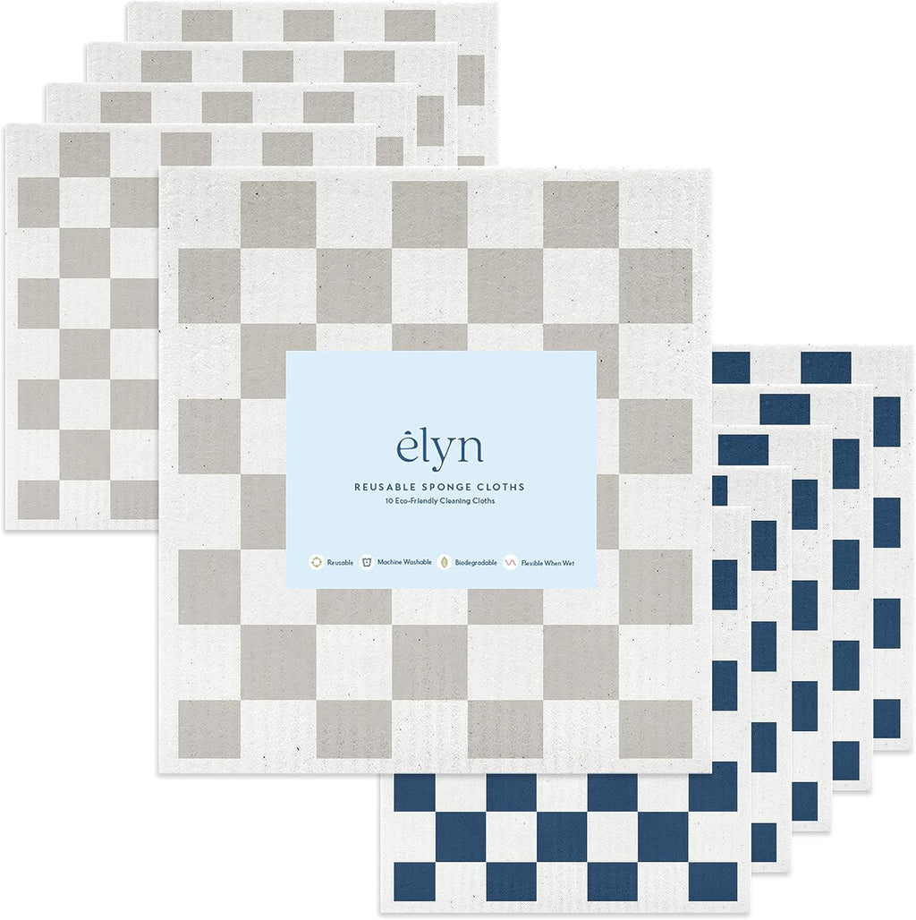 ELYN Swedish Dishcloths, Reusable & Washable Sponge Cloths, Absorbent Cleaning Paper Towels for Kitchen, Dishes, Counters and More, 10 Pack, Grey & Navy Pattern