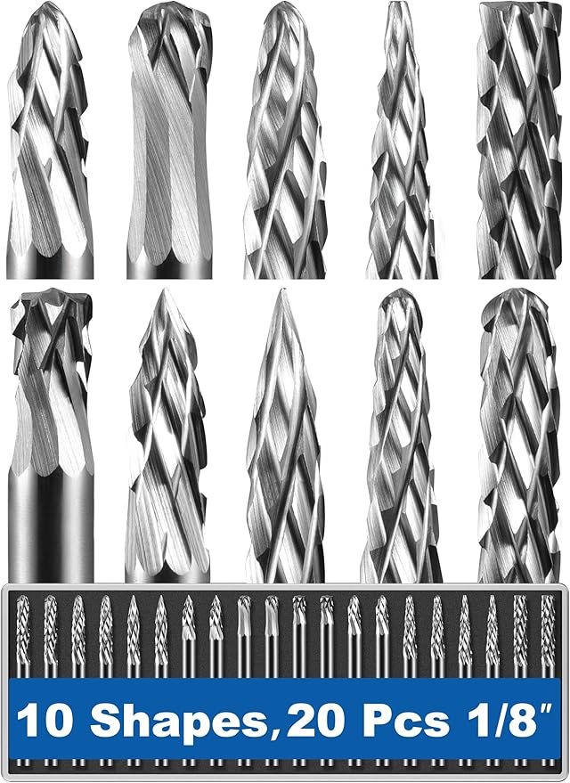 20 Pcs Carbide Burr Set 1/8" Shank Compatible with Dremel Bits Rotary Tools Attachment Kit Rasp Drill File Accessories Metal Wood Stone Steel Grinding Carving Cutting Polishing Solid Tungsten