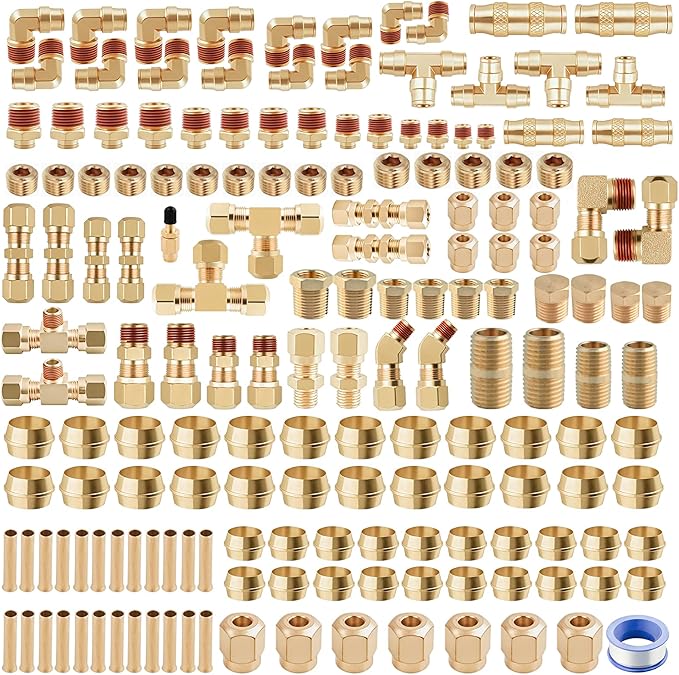 170Pcs DOT Air Brake Line Fittings & Brass Air Nylon Tube Compression Fittings Assortment Kits,1/4" 1/8" 3/8" 1/2" NPT Push To Connect Fittings Quick Connect Air Hose Fittings for Truck or Air System