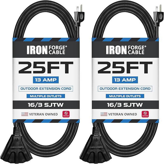 Iron Forge Cable 2 Pack 25 Ft Black Extension Cord with 3 Outlets - 16/3 SJTW 25 Foot Extension Cord 3 Prong, Weatherproof Power Cable for Outdoor