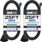 Iron Forge Cable 2 Pack 25 Ft Black Extension Cord with 3 Outlets - 16/3 SJTW 25 Foot Extension Cord 3 Prong, Weatherproof Power Cable for Outdoor
