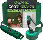 GEARit 360 Rotating Flat Plug Extension Cord with 3 Outlets (20ft, Green) 16AWG/13A 3 Prong Wire, Outlet Saver for Home Office Dorm Room Essentials, ETL Certified