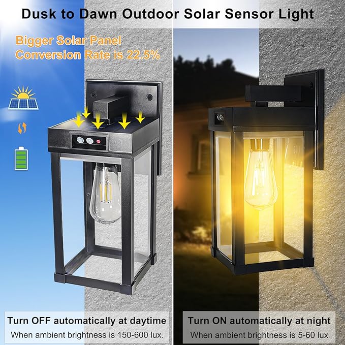 Solar Wall Lights Outdoor Waterproof with 3 Lighting Modes & Motion Sensor, Dusk to Dawn Exterior Porch Light fixtures, Solar Wall Lantern Fixture for Garage Patio Yard Garden