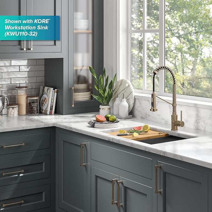 KRAUS Bolden Touchless Sensor Commercial Style 2-Function Single Handle Pull Down Kitchen Faucet in Spot-Free Antique Champagne Bronze, KSF-1610SFACB