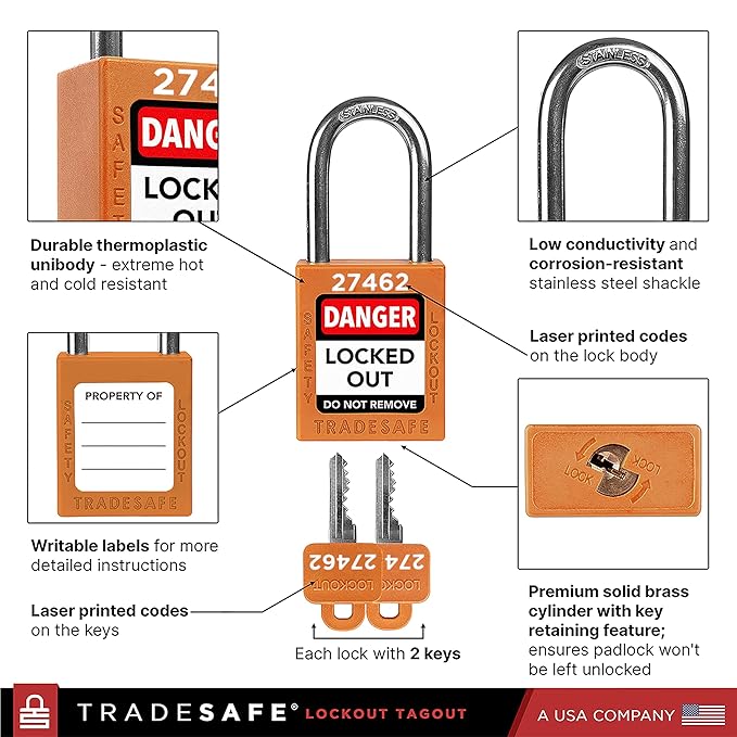 TRADESAFE Lockout Tagout Locks Set - 10 Orange Loto Locks, Lockout Locks Keyed Different, 2 Keys Per Lock, OSHA Compliant Lock Out Tag Out Padlocks, Safety Padlocks for Electrical Lockout Tag Out Kits