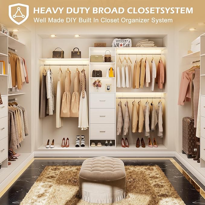 Closet System with Drawers, 8FT Closet Organizer Systems with Expandable Hanging Rods, 96" Wooden Storage Systems with Hanging Pods, Built-in Garment Rack for Bedroom