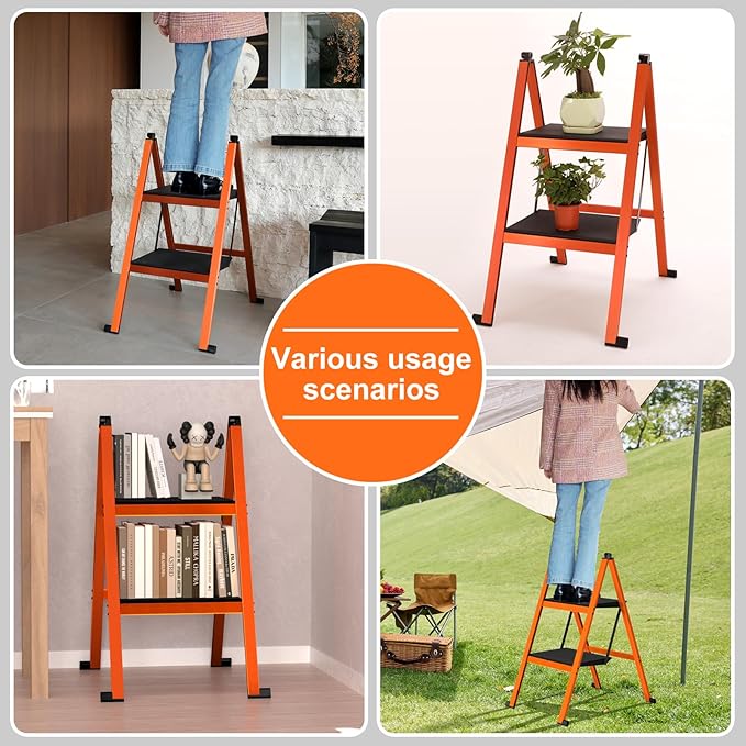 2 Step Ladder,Aluminum Ultra Thin Folding Step Stool,400 Lbs Capacity Heavy Duty with Anti-Slip Sturdy and Wide Tread,Closet Slim Step for Home,Kitchen and Office,Space Saving (Orange, 2-Step)