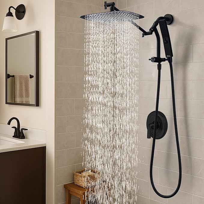 G-Promise All Metal 10 Inch Shower Head with Massage Mode Handheld, Rain Shower Head with Handheld Spray Combo, 3-Way Diverter with Pause Setting, 11 Inch Adjustable Extension Arm (Matte Black)