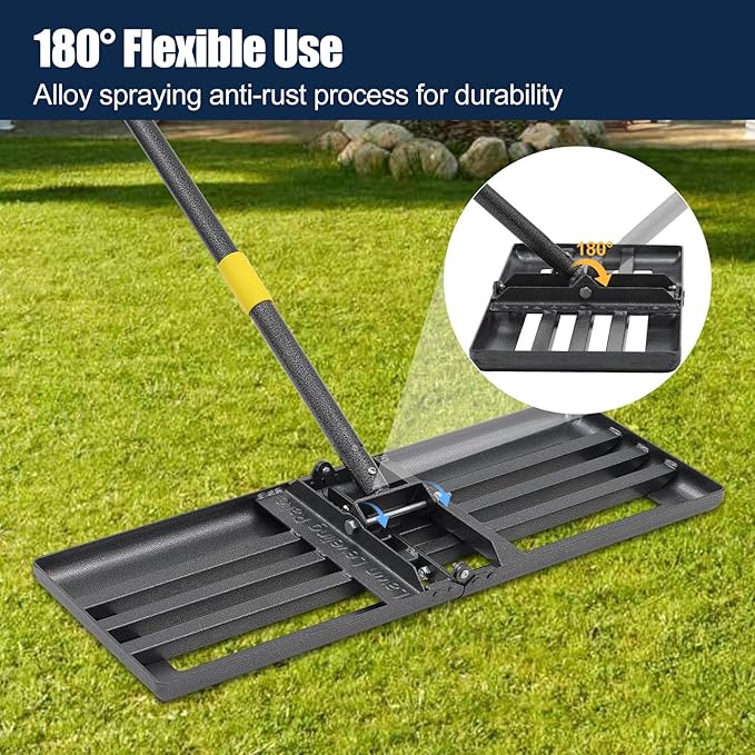 Heavy Duty Lawn Leveling Rake 30x10 with 70" Adjustable Handle - Commercial Grade Landscape Grading Tool, Foldable Yard Leveler for Soil Sand & Topdressing | Stainless Steel + Ergonomic Design