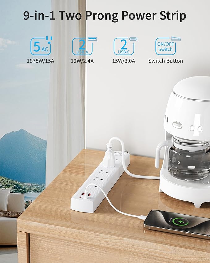 2 Prong Power Strip, 2 to 3 Prong Outlet Adapter with 5 AC & 4 USB Ports (2 USB C), 5FT Braided Cord, 1700J Two Prong Surge Protector, Wall Mountable, Ideal for Old House Non-Grounded Outlets