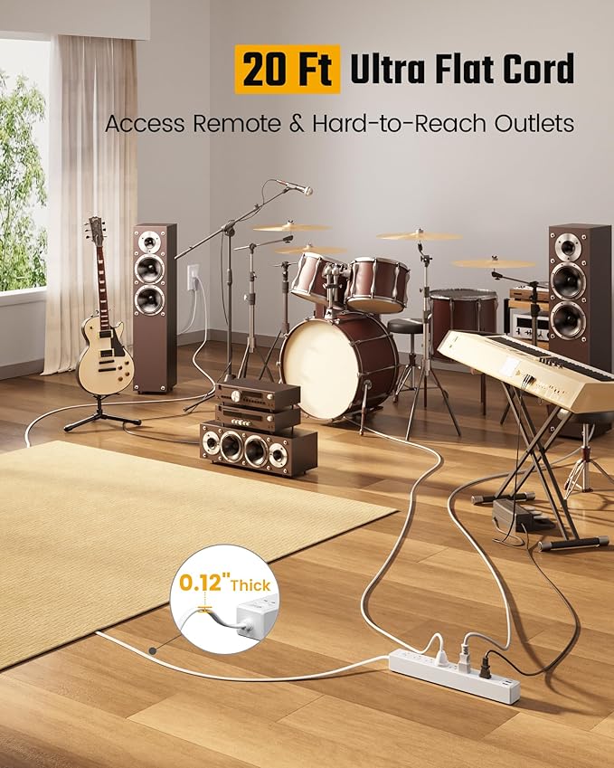 20Ft Long Extension Cord, Flat Plug Power Strip with 6 Outlets & 3 USB Ports (1 USB-C), Wall Mountable Surge Protector, White Power Bar for Home Office, College Dorm Room Essentials