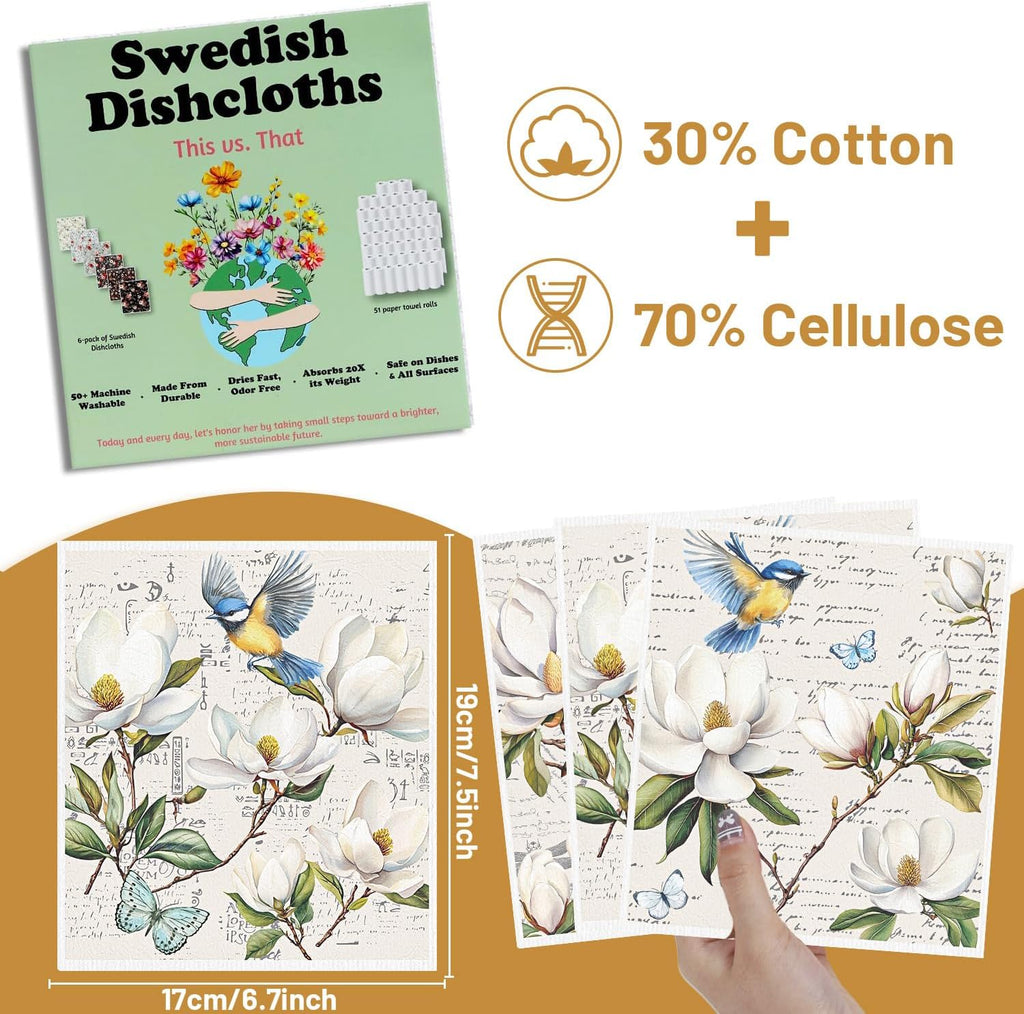 Floral and Birds Swedish Dishcloths for Kitchen, 6 Pack Vintage Flower Reusable Paper Hand Dishing Towels Housewarming Gifts, Absorbent Dish Rags Decoration for Home Cooking Cleaning