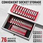 Magnetic Socket Organizer Set, 3-Piece Red Portable Magnetic Socket Holder Tray, Heavy Duty Socket Racks For 1/2-inch& 3/8-inch& 1/4-inch Drive, Hold 76 Sockets - Fit Shallow&Deep Sockets