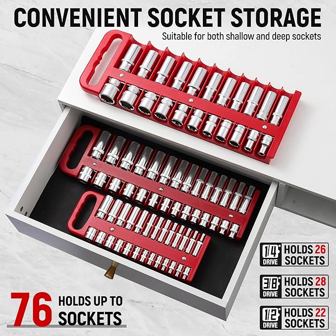 Magnetic Socket Organizer Set, 3-Piece Red Portable Magnetic Socket Holder Tray, Heavy Duty Socket Racks For 1/2-inch& 3/8-inch& 1/4-inch Drive, Hold 76 Sockets - Fit Shallow&Deep Sockets